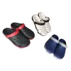 Three pairs of crocs in black, red, black, white, blue and white checkered fabric are on display Item Picture